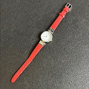Anne Klein Red Leather Strap Watch Silver Tone Working Dainty​